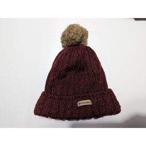 Columbia Beanie Womens One Size Brown Cable Knit Fleece Lined Pom Beanie Red